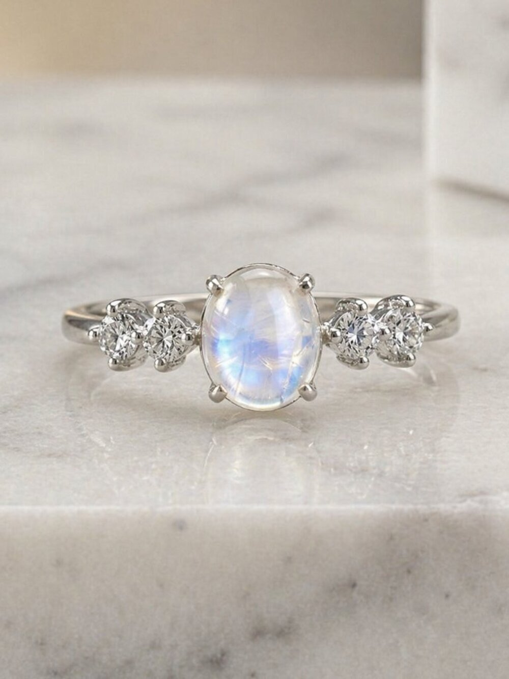 Celestial Dainty 925 Silver Genuine Moonstone CZ Minimalist Ring Size 7
